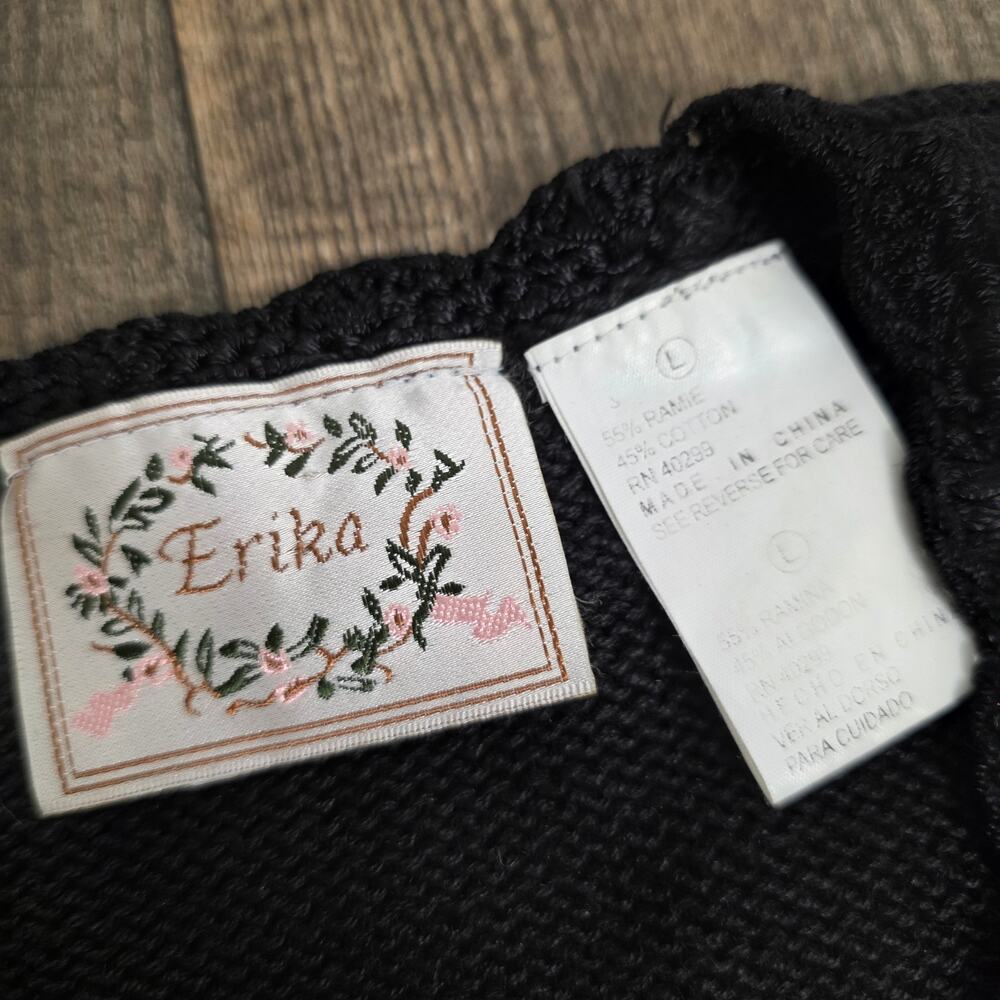 Vintage 90s Floral Ribbon Embroidered Sweater Vest Black Large Ramie Cottagecore - Picture 6 of 8
